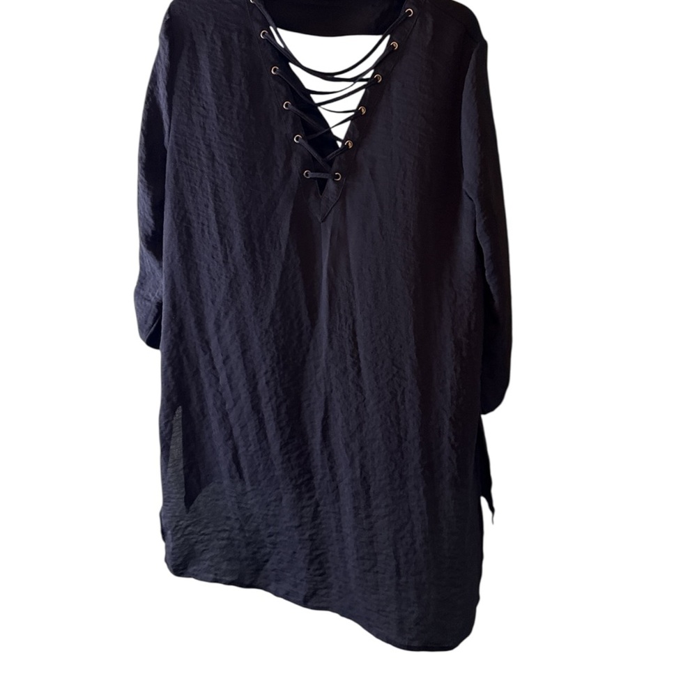 Rock & Republic Top Black Lace Up Sexy Front Back Keyhole Roll Tab Long Sleeves